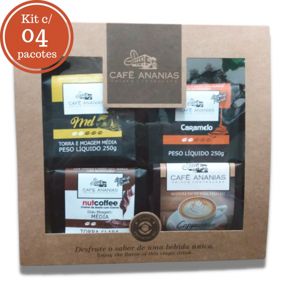 Kit Café Presente Especial Com 04 Pacotes de Café Ananias | 03 Cafés Aromatizados e 01 Capuccino