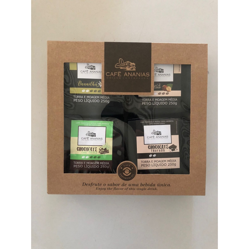 Kit estojo Kraft - Café aromatizado baunilha - Café aromatizado avelã - Café aromatizado chocolate - Café aromatizado chocomenta