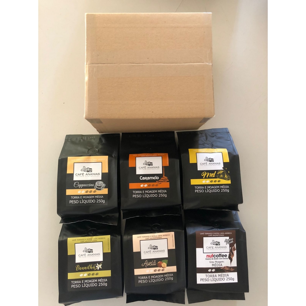 Kit estojo Kraft - Café aromatizado caramelo - capuccino - mel - baunilha - avelã - nutcoffee